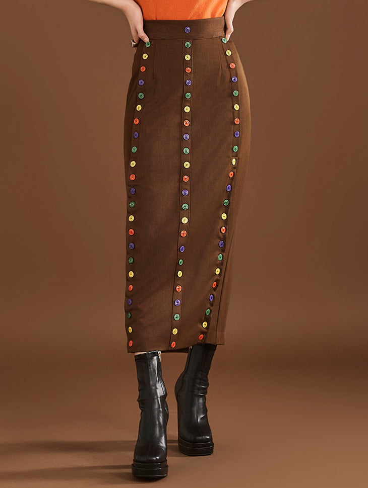 SK9227 カラーボタンハイウエストロングスカート