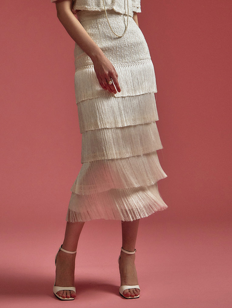 SK9201 花呢流苏中长半身裙