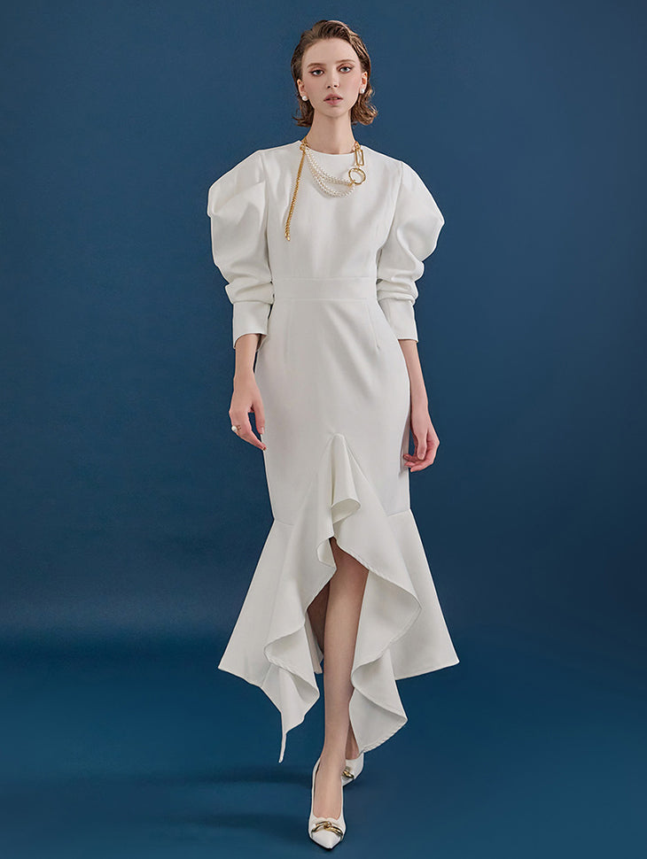D9285 泡泡袖修身荷叶边点不平衡连衣裙