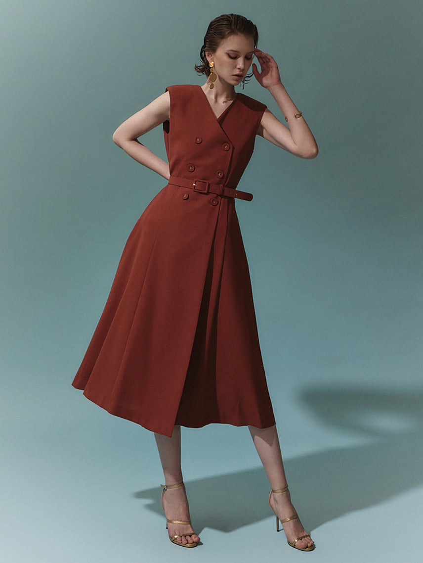 D4703 Double Button Sleeveless Midi Dress(Belt Set)