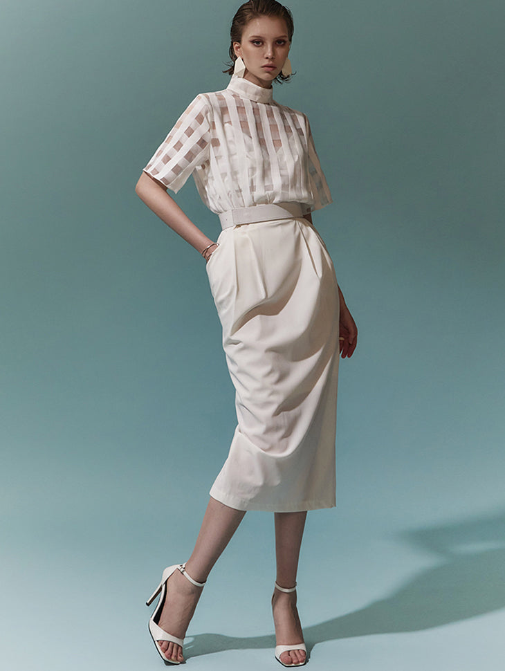 D9183 方形透视配色中长连衣裙(腰带)