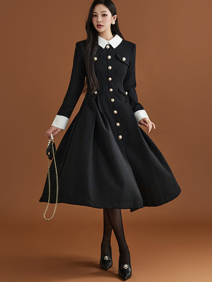 D4810 粗花呢领喇叭连衣裙