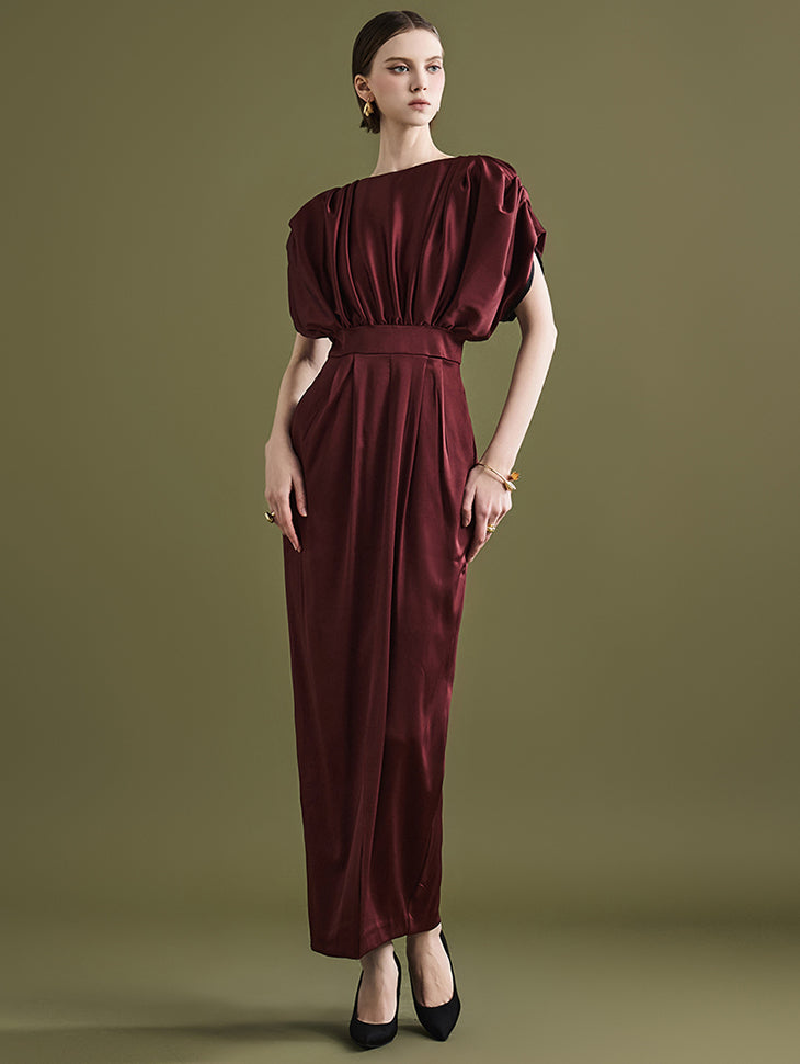 D9286 抽褶细褶插肩长连衣裙