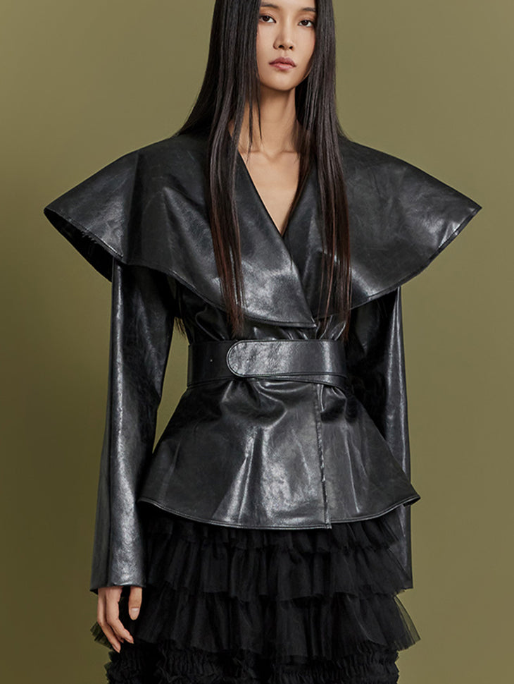 J9261 Leather Wide Shawl Collar Single Jacket(Belt Set)