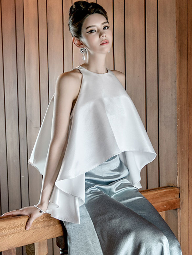 B9089 光面挂脖不对称衬衫