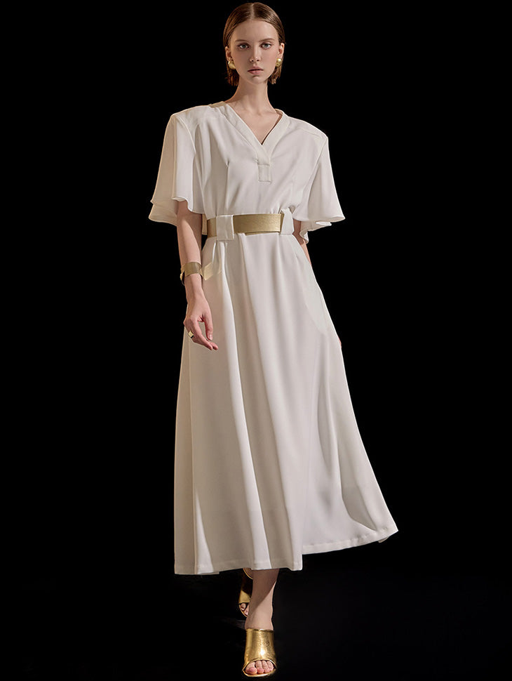 D9376 V领荷叶边垫长连衣裙(腰带)