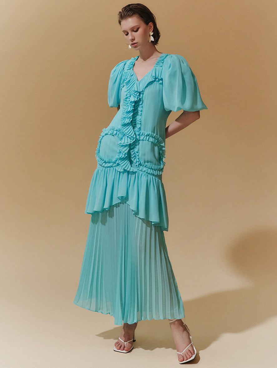 D9383 荷叶边百褶连衣裙