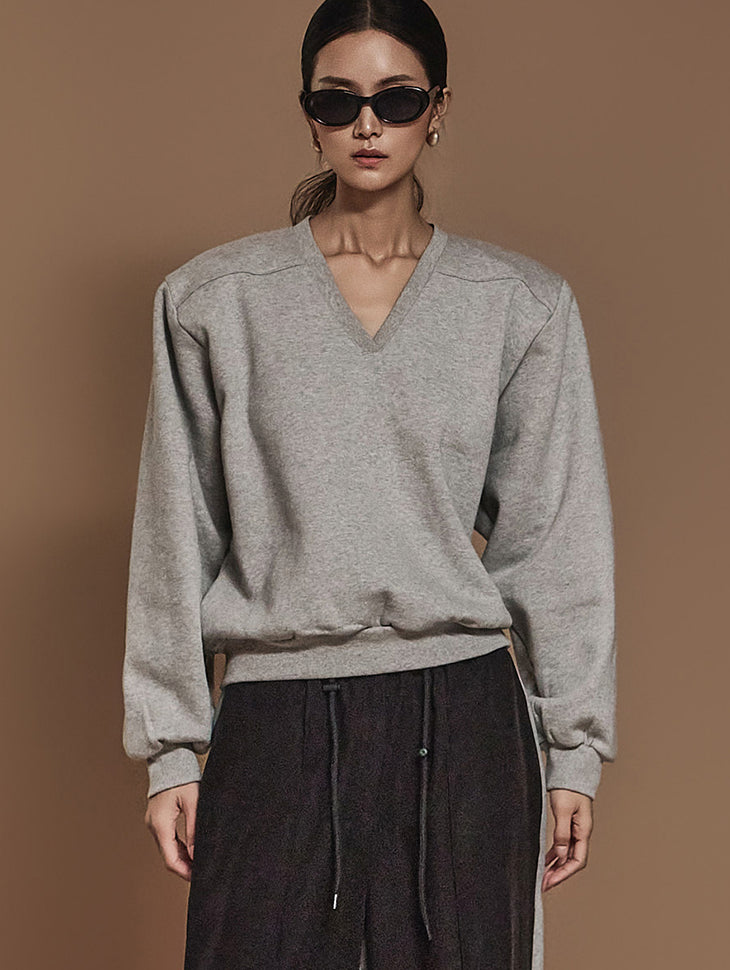 E3602 Vネックフリース裏地スウェットシャツ