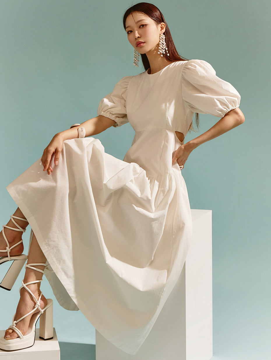 D4722 Puff Sleeve Side Cutout Long Dress