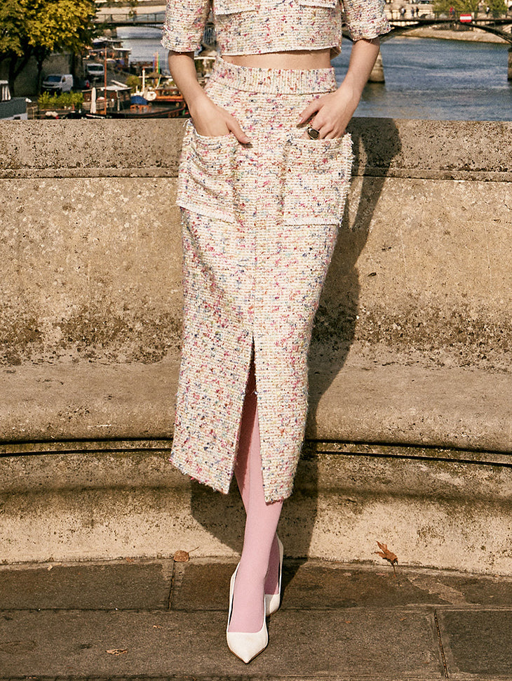 SK9217 花呢口袋开衩中长半身裙