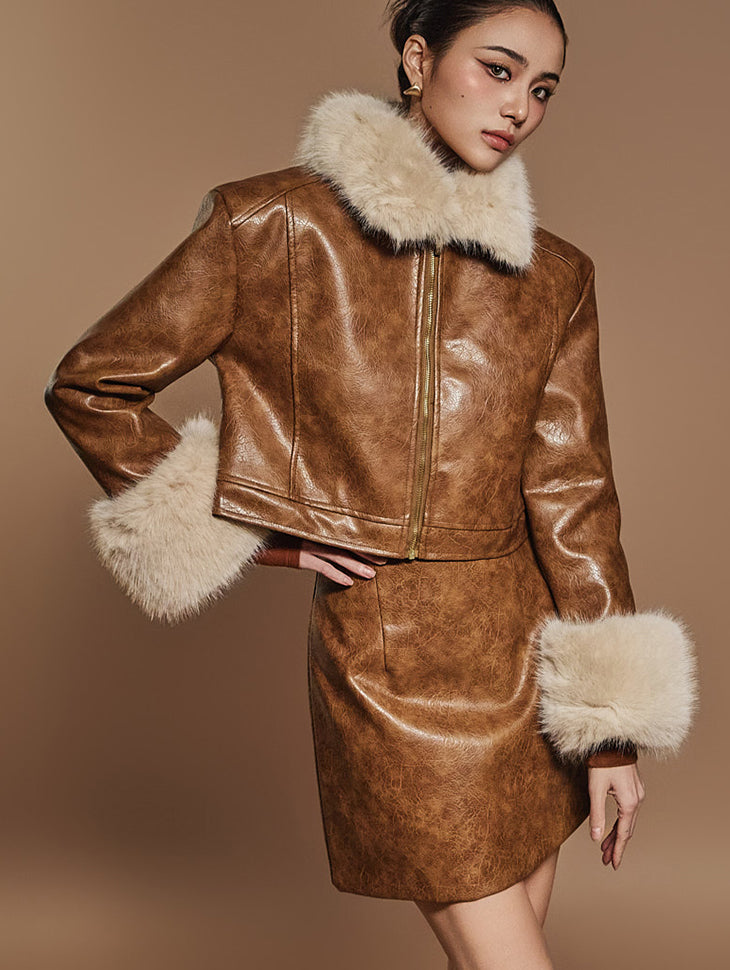 J2468 短款皮革夹克 *可拆卸毛皮*
