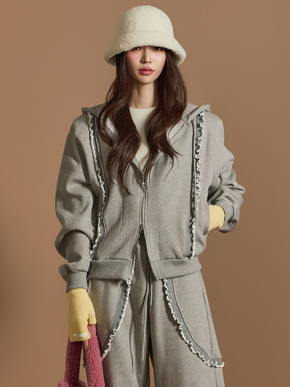 J2558 フリース裏地 フード付き ジップ スウェットシャツ