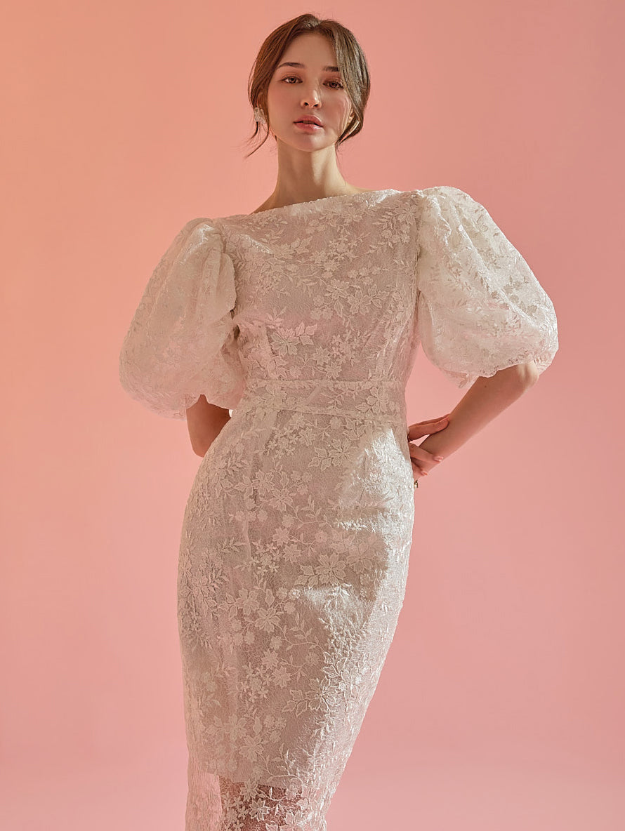 D9328 蕾丝泡泡修身中长连衣裙