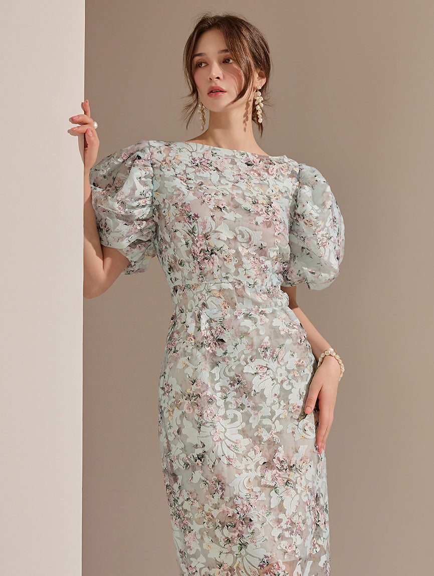 D9082 Floral Puff Slim Midi Dress
