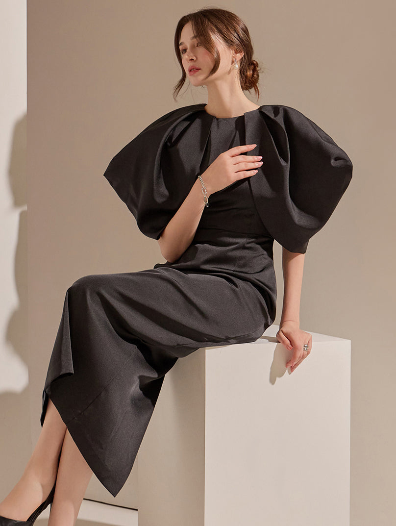 D9411 サテンピンタックウィングドレス