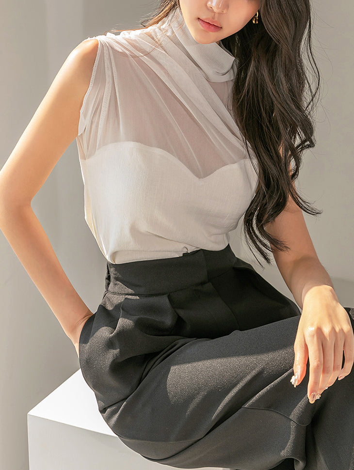 E2795 高领透明无袖上衣