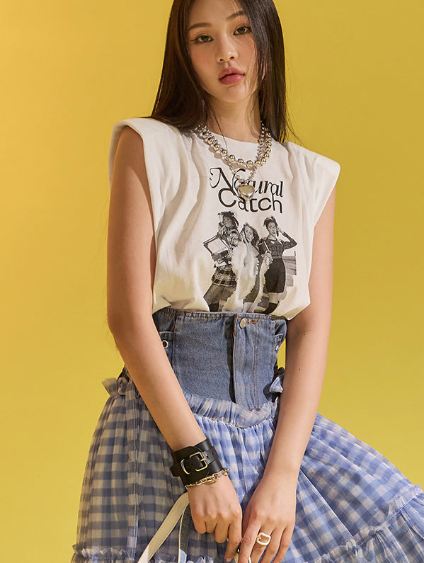 E3064 テキスト入りノースリーブトップ