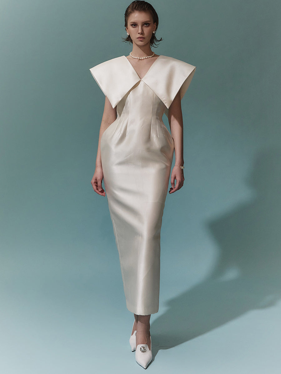 D9391 光面大领无袖长连衣裙