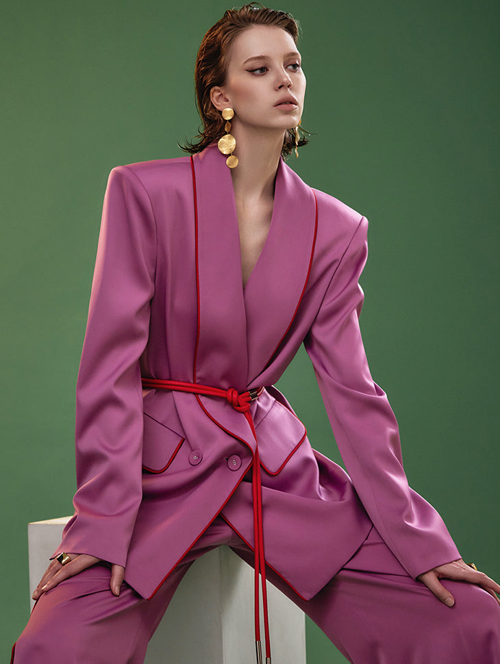 MBDJ017 サテンライン配色ダブルボタンジャケット(ベルトセット)