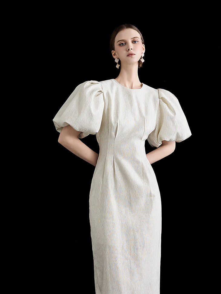 D4854 Glossy Puff Sleeve Dress