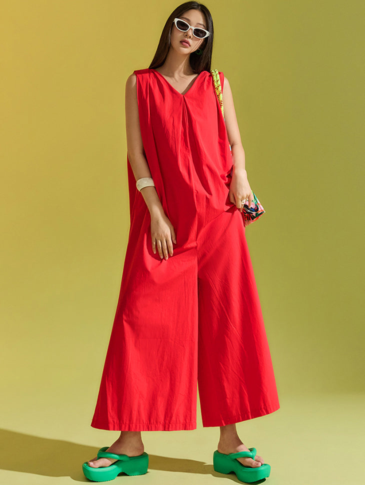 JS001 Vネックライン ノースリーブ ジャンプスーツ