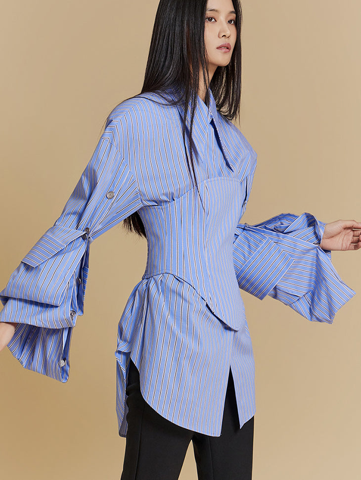 MBDS002 ストライプラグランボタンシャツ(ビスチェセット)