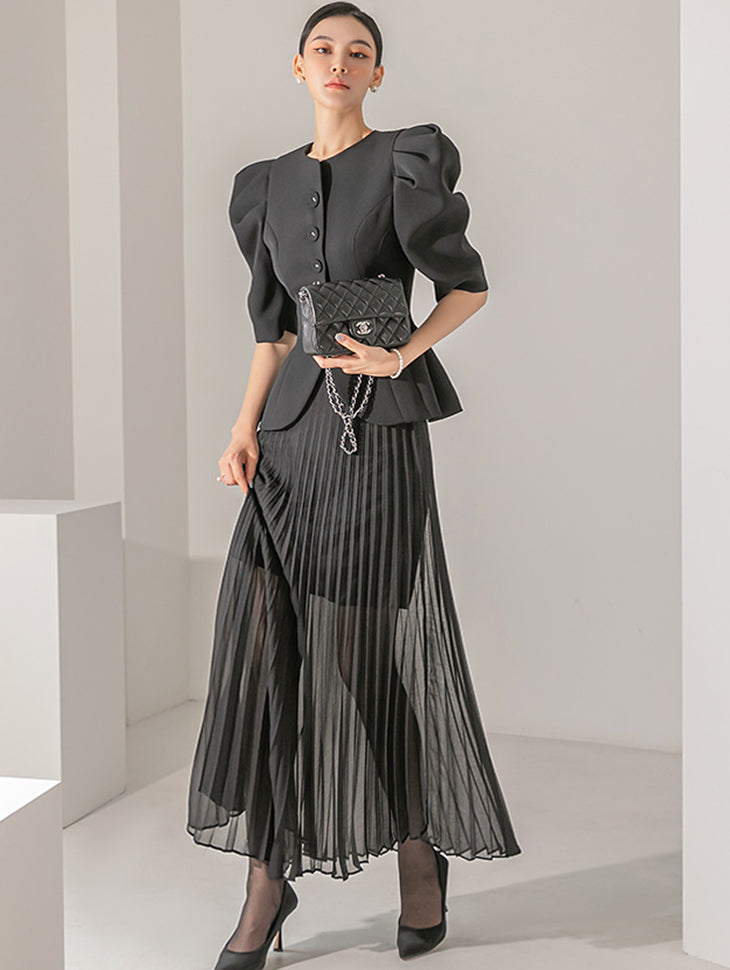 TP9079 ピンタックバルーンスリーブジャケットツーピース