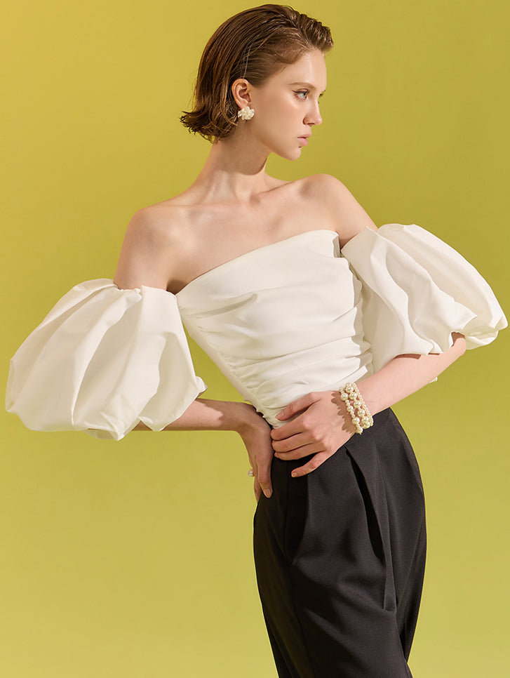 B9121 泡泡抽褶短款衬衫