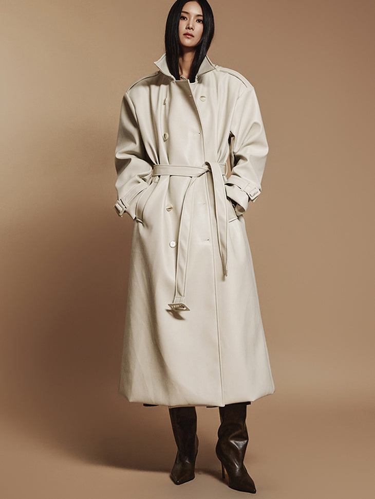 J2413 带腰带皮革风衣