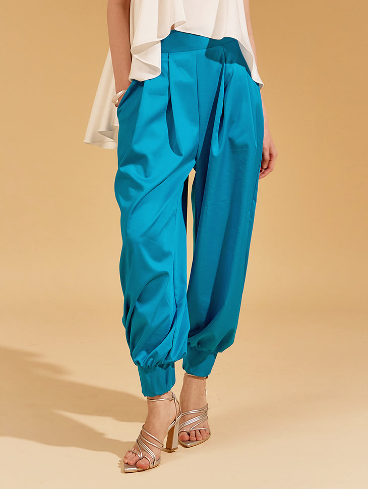 P9133 光面细褶饰带慢跑裤