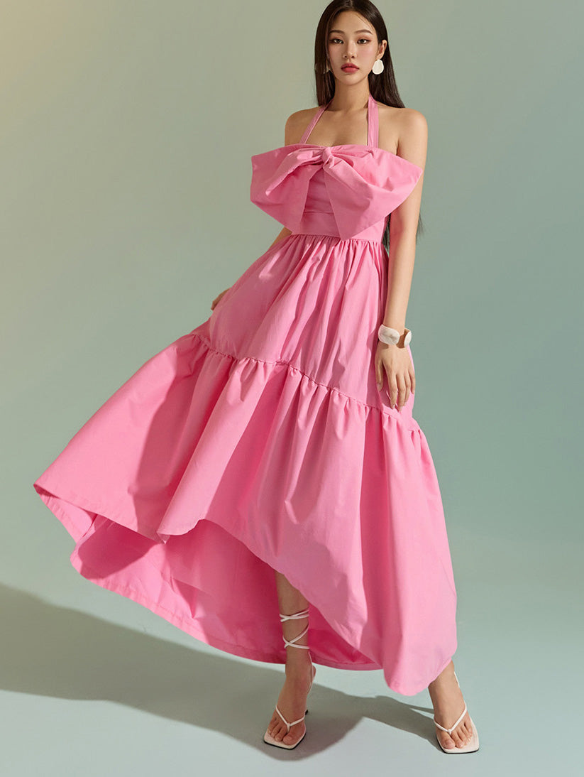 D9450 带蝴蝶结的挂脖连衣裙