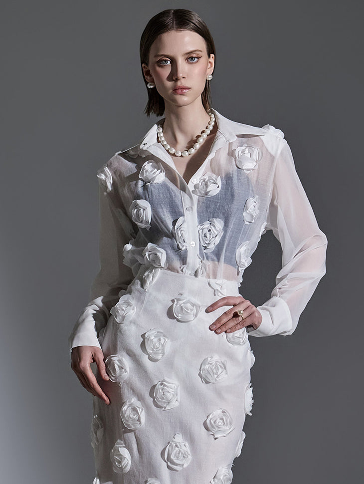 B2924 玫瑰色透视垫肩衬衫