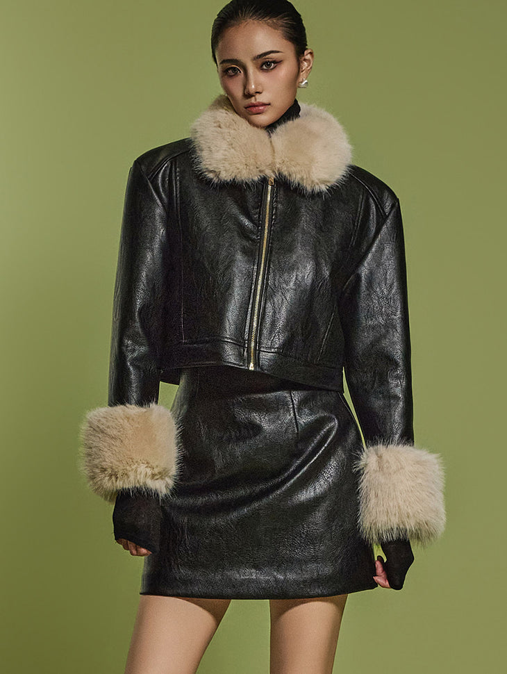 J2468 短款皮革夹克 *可拆卸毛皮*