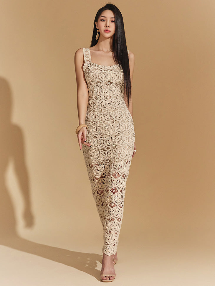 D4708 Sleeveless Lace Knit Long Dress