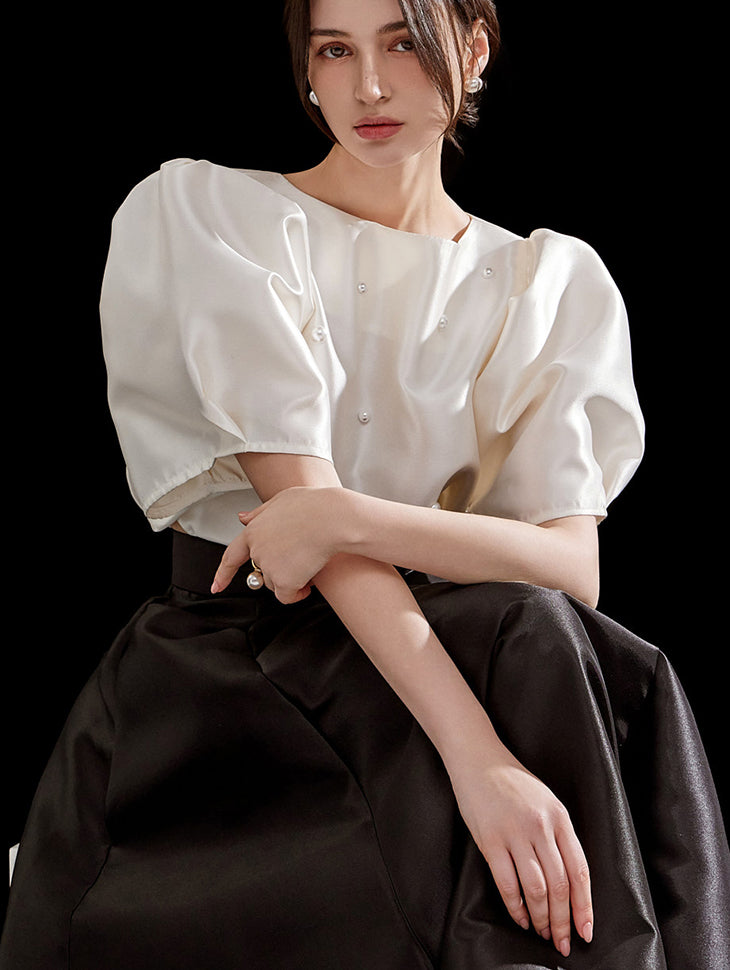 B2920 珍珠圆点泡泡袖衬衫