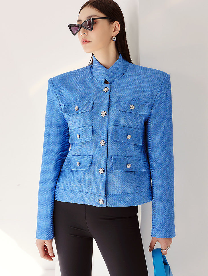 J1772 ツイードフェイクポケットシングルジャケット