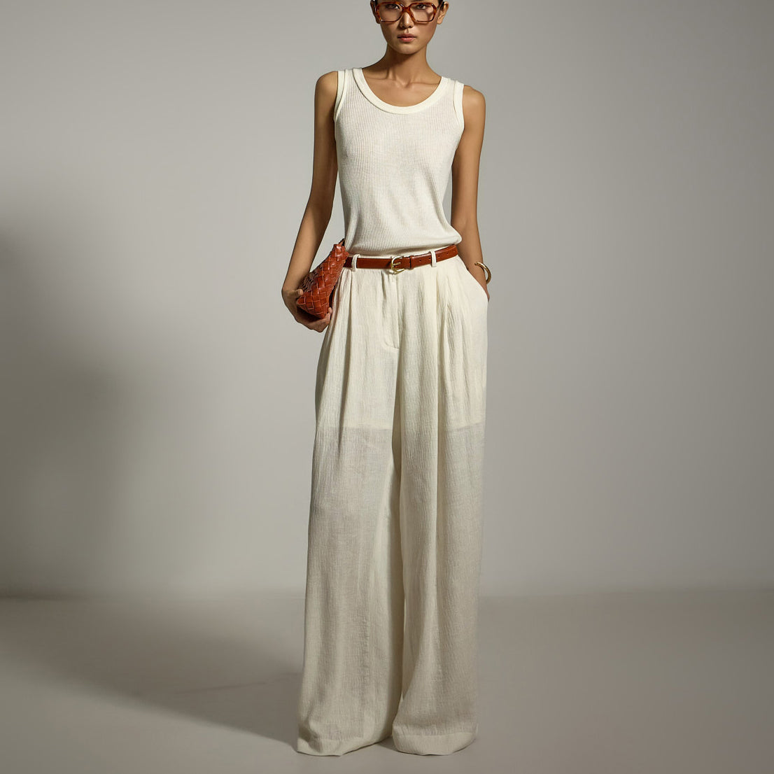 P3513 亚麻褶裥休闲裤