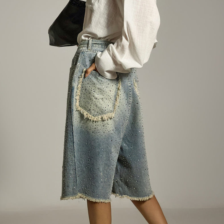 PJ579 带肩带百慕大牛仔裤