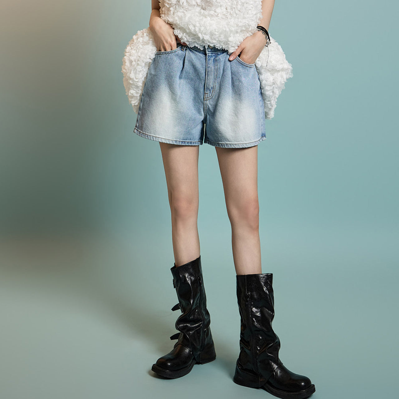 PJ584 ピンタックショートジーンズ