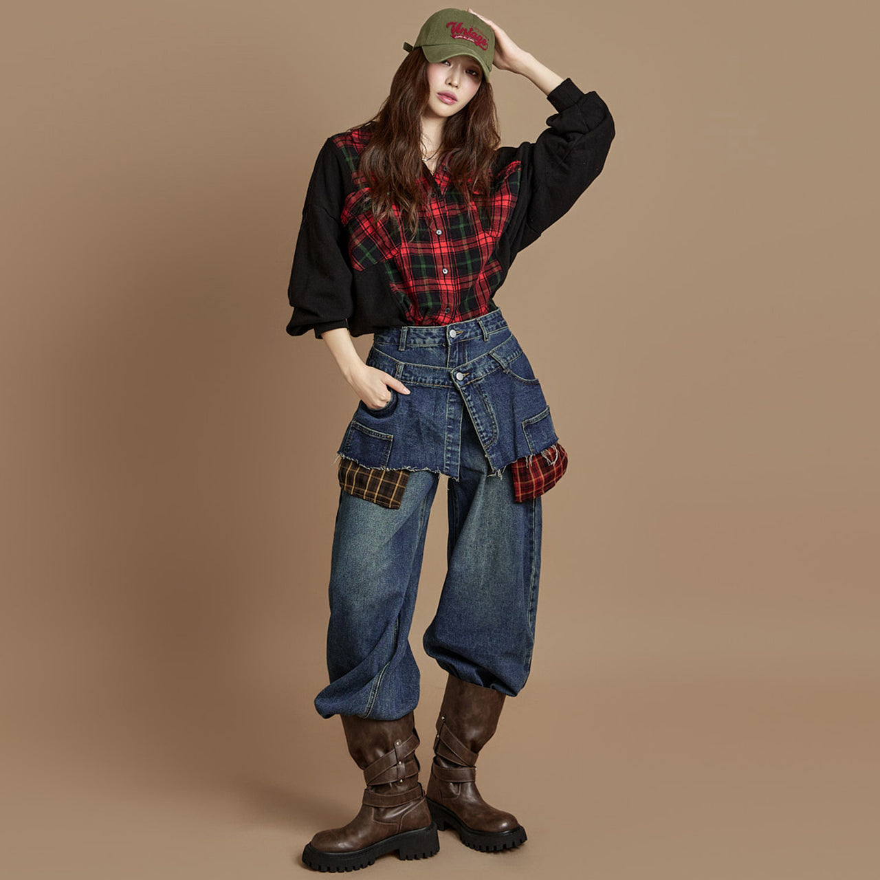 PJ611 Check Layered Jeans