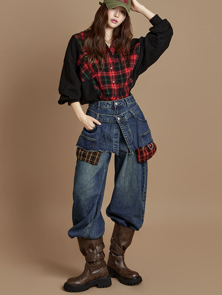 PJ611 Check Layered Jeans