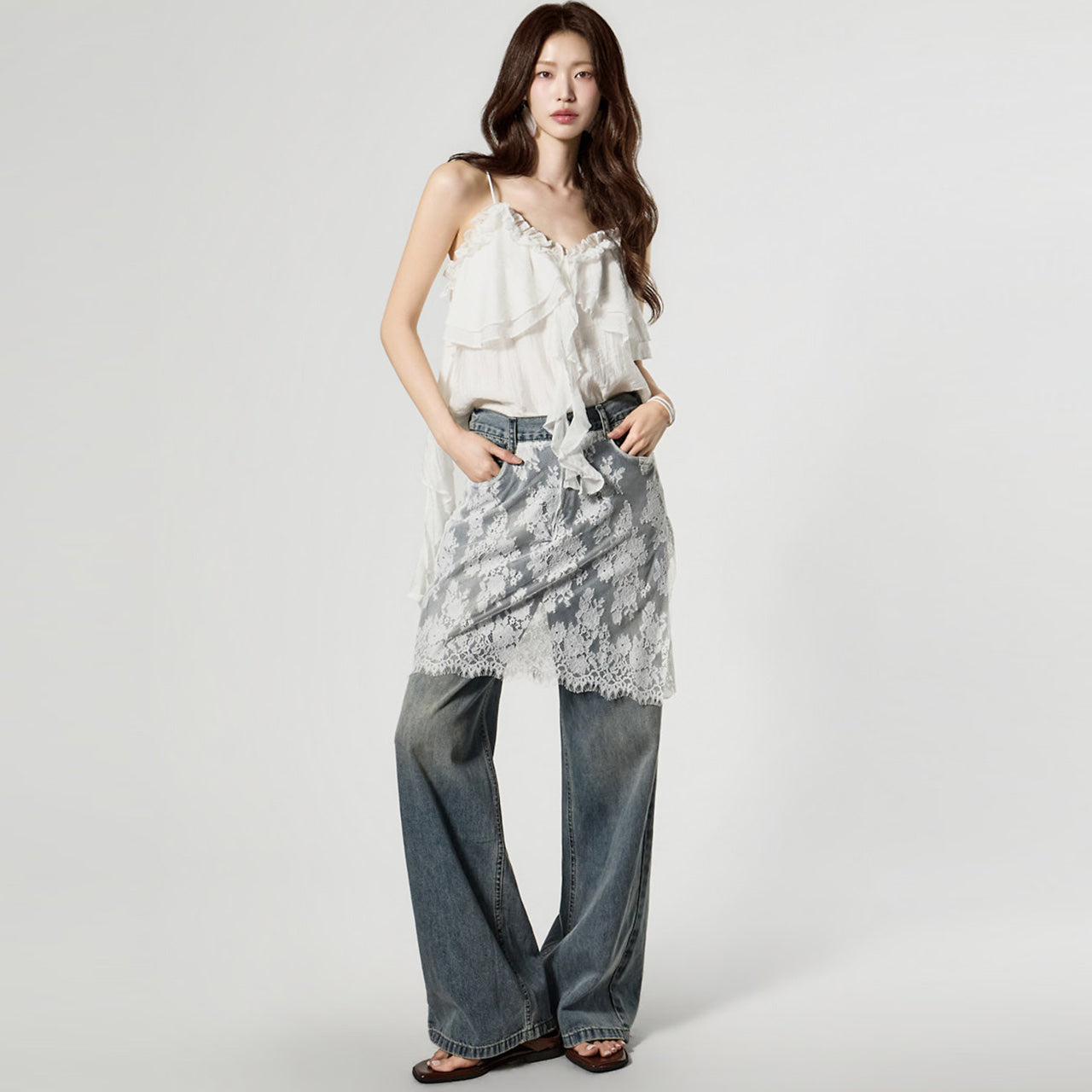 PJ642 蕾丝叠层牛仔裤