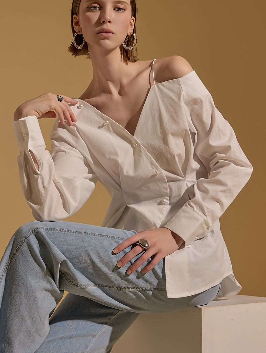 S564 单肩珍珠纽扣衬衫