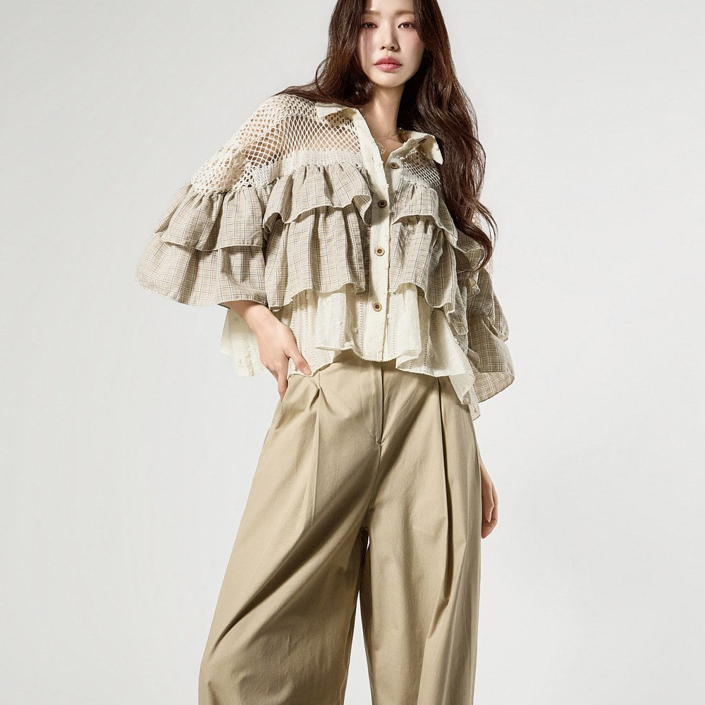 S869 钩针荷叶边格纹衬衫