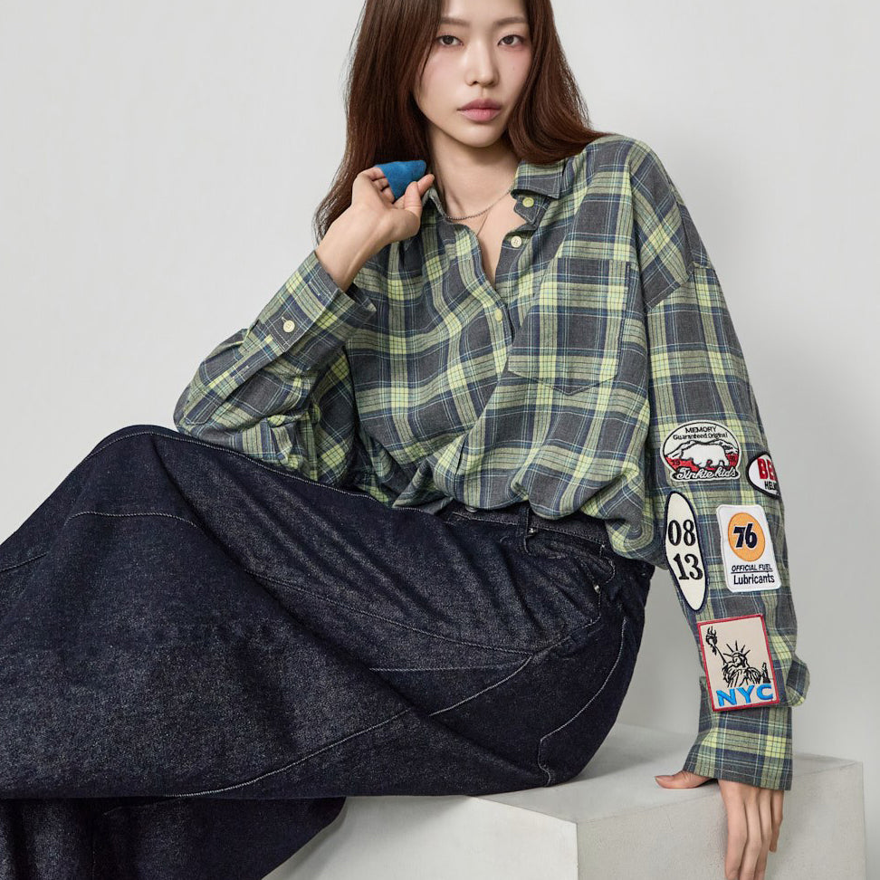 S912 格纹拼色衬衫