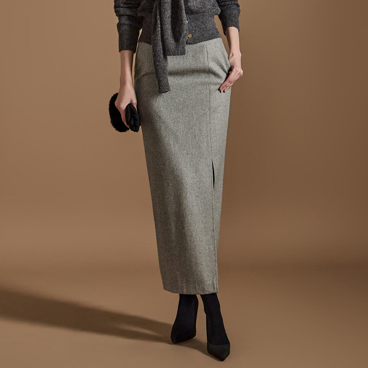 SK9115 高腰开衩羊毛裙