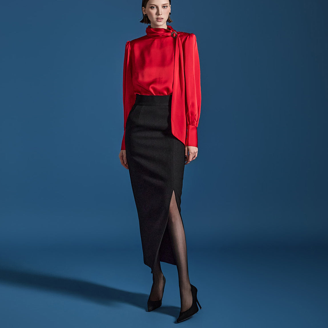 SK9115 高腰开衩羊毛裙