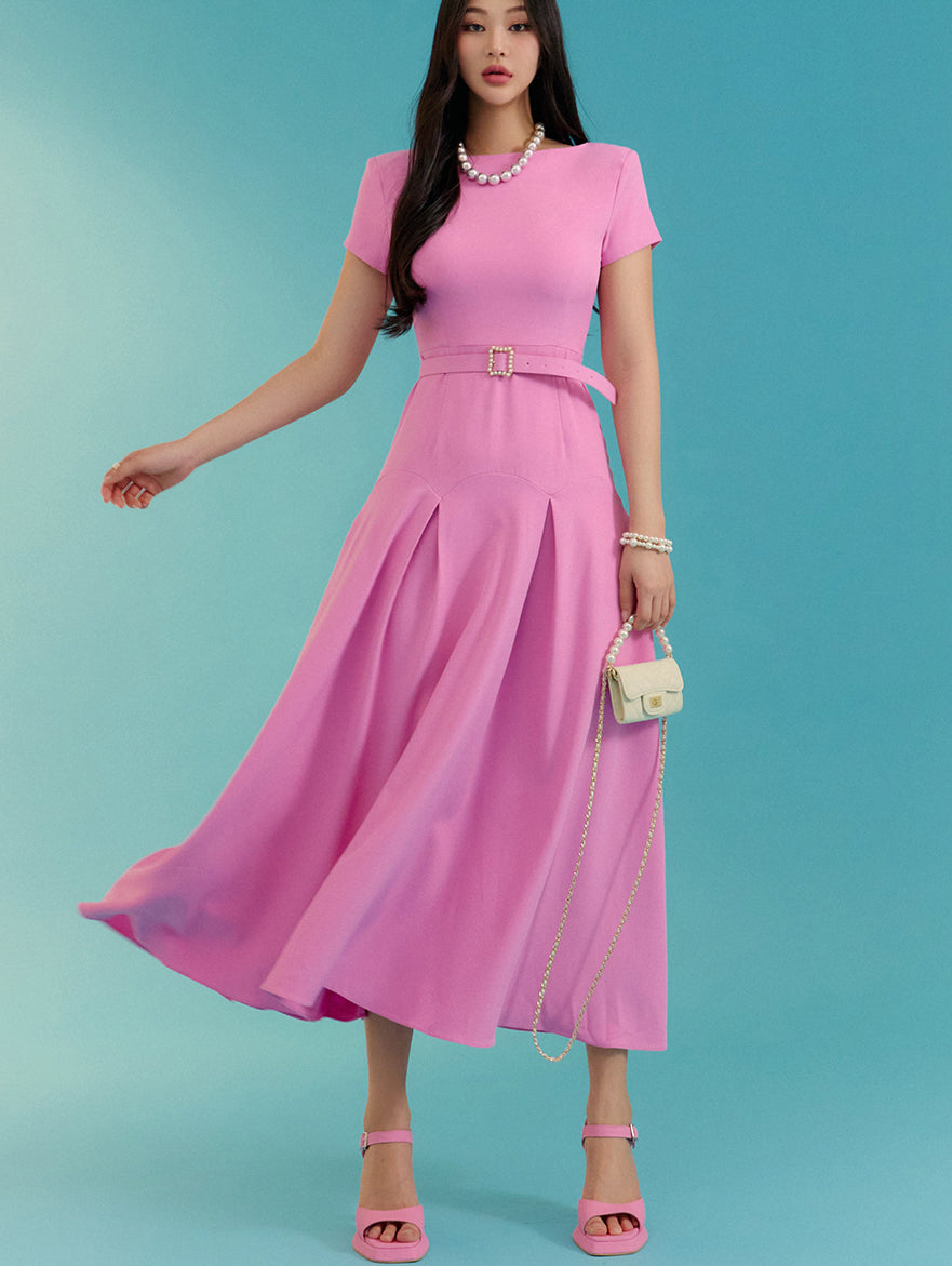 D4691 ベルト付き半袖ドレス