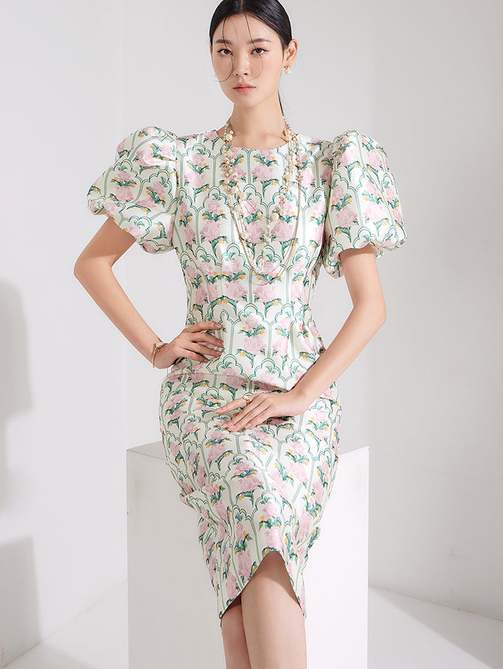 D4623 Balloon Flower Midi Dress