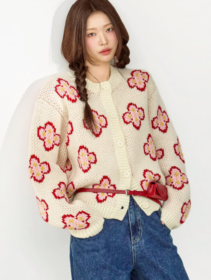 J3087 Solid Flower Cardigan